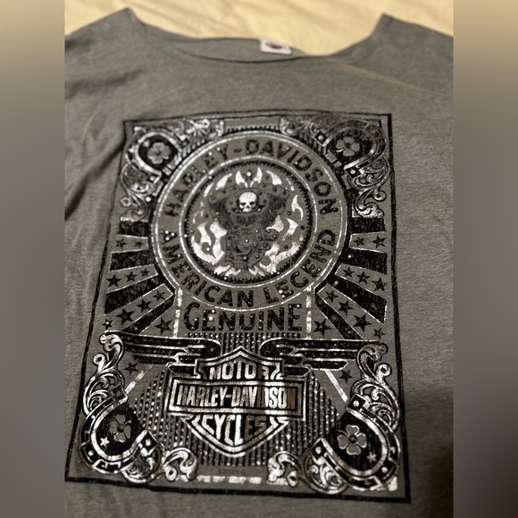 Harley Davidson Rhinestone Shirt Sleeve Gray Black Skull Motorcycle Sz Large - Picture 12 of 12